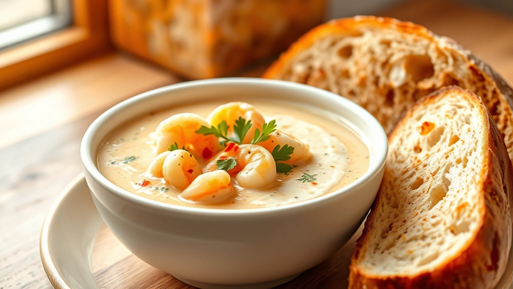 hero: creamy shrimp soup in white bowl, garnished with parsley and red pepper flakes, steam rising, crusty bread beside it, warm natural window light, professional food photography, photorealistic, no text