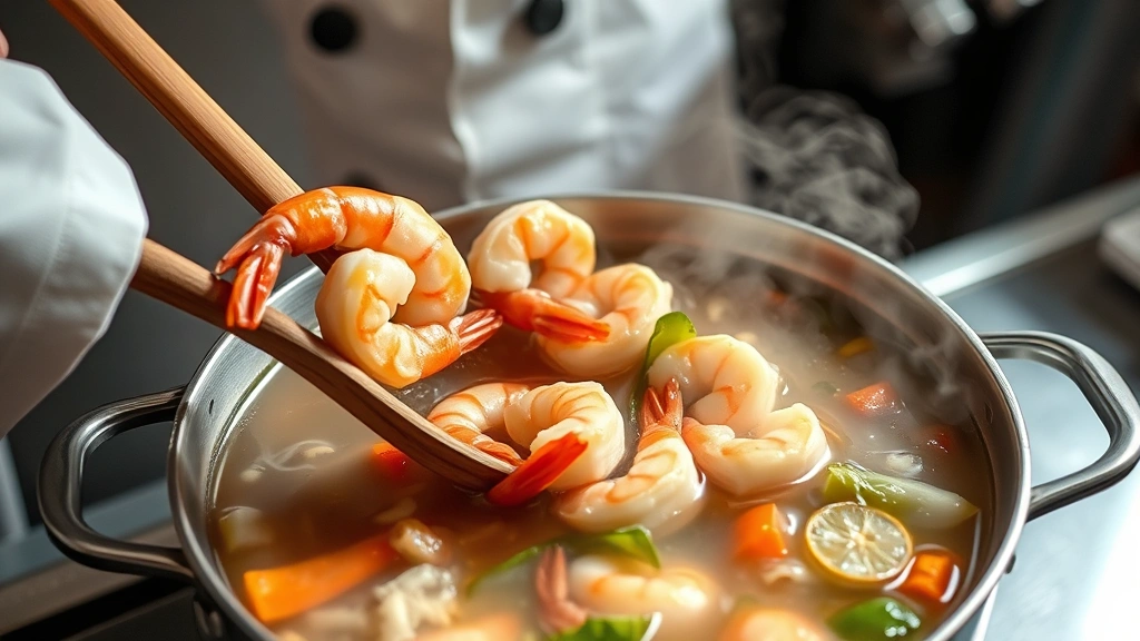process: chef stirring pink shrimp into pot of broth with vegetables, wooden spoon, steam visible, natural kitchen lighting, photorealistic, no text