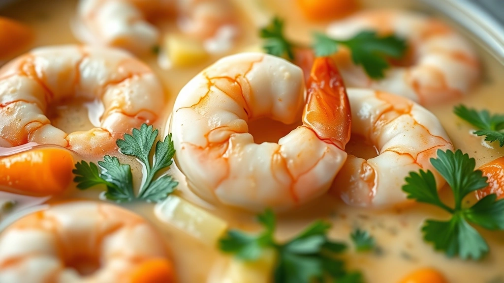 detail: close-up of plump pink shrimp in creamy broth with carrot and celery pieces, fresh parsley garnish, shallow depth of field, natural light, photorealistic, no text