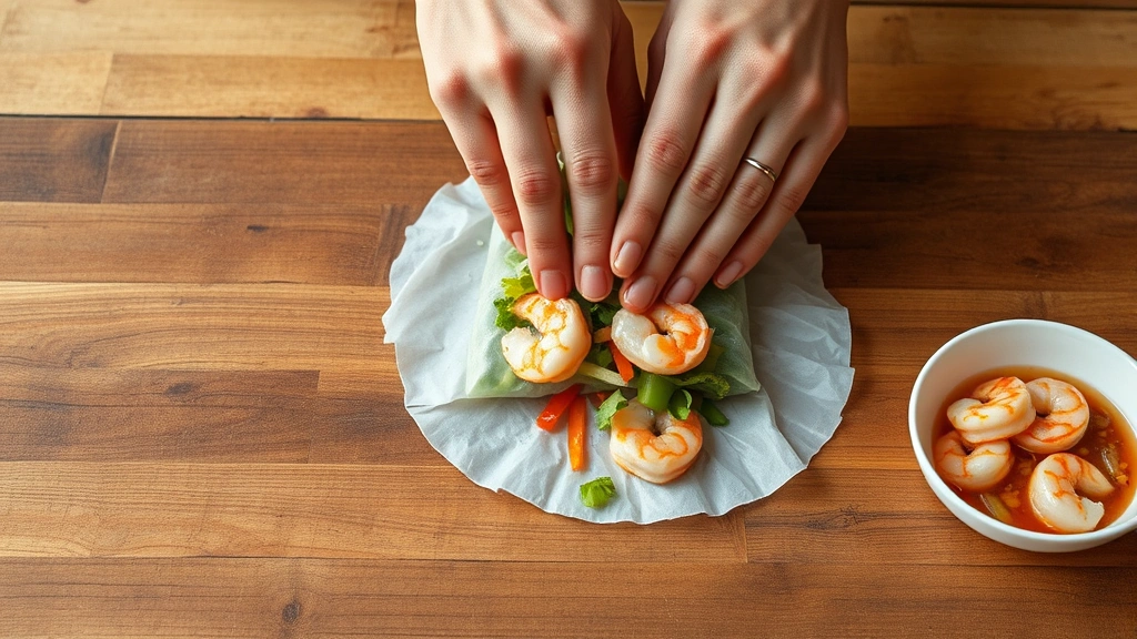 process: hands rolling shrimp spring roll with rice paper wrapper on wooden surface, vegetables and shrimp visible, photorealistic, natural light, no text