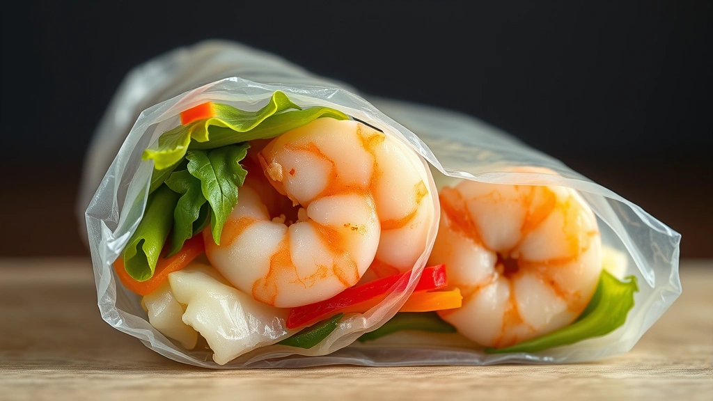 detail: close-up cross-section of shrimp spring roll showing pink shrimp, colorful vegetables and herbs inside translucent wrapper, photorealistic, natural light, no text