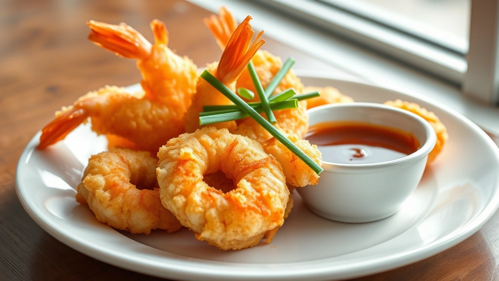 hero: golden-brown shrimp tempura on white plate with dipping sauce, garnished with green onion, photorealistic, natural window light, no text, professional food photography