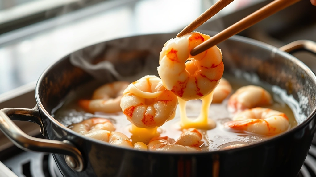 process: shrimp being dipped into batter over a pot of hot oil, chopsticks visible, dynamic cooking moment, photorealistic, natural light, no text