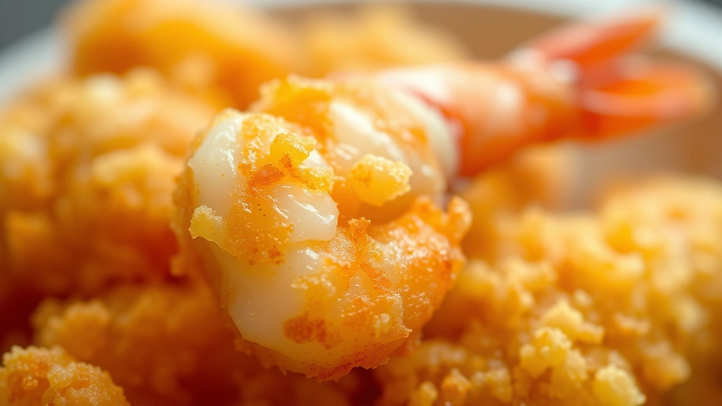 detail: close-up of crispy tempura coating showing texture and golden color, single shrimp with tail visible, shallow depth of field, photorealistic, natural light, no text