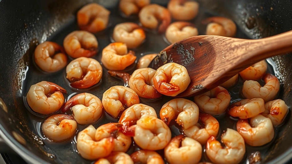 process: shrimp browning in hot skillet, golden caramelized edges visible, wooden spoon stirring, steam rising, photorealistic, natural light, no text, action shot