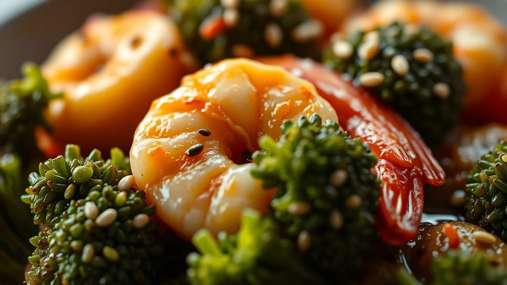 detail: close-up macro shot of shrimp with broccoli, sauce glistening, sesame seeds in focus, photorealistic, warm natural light, no text, food styling