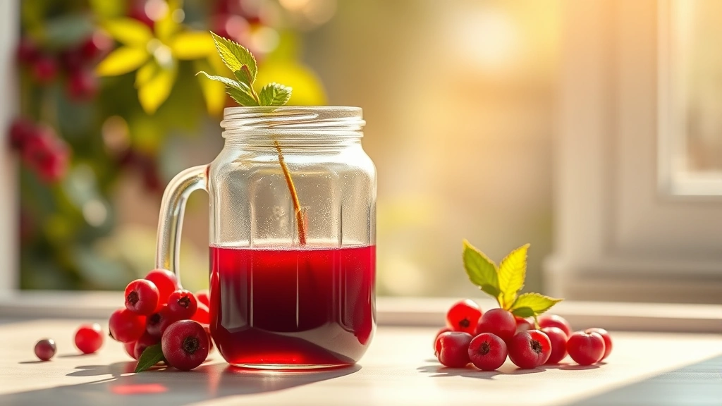 hero: vibrant fruit shrub in a clear glass jar with fresh berries beside it, golden sunlight streaming through, showing the deep ruby or jewel-toned liquid, photorealistic, natural window light, no text