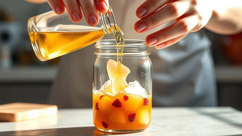 process: hands pouring vinegar into a glass jar containing strained fruit syrup, showing the mixing process, photorealistic, bright kitchen light, no text