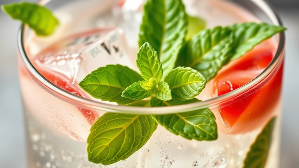 detail: close-up of a refreshing glass of shrub mixed with sparkling water and fresh mint garnish, ice cubes visible, photorealistic, natural light, no text
