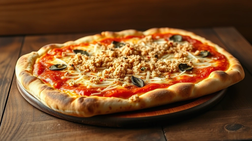 hero: rectangular Sicilian pizza with golden crispy crust topped with tomato sauce, cheese, onions and breadcrumbs, fresh out of oven, photorealistic, warm natural lighting, rustic wooden table background, no text