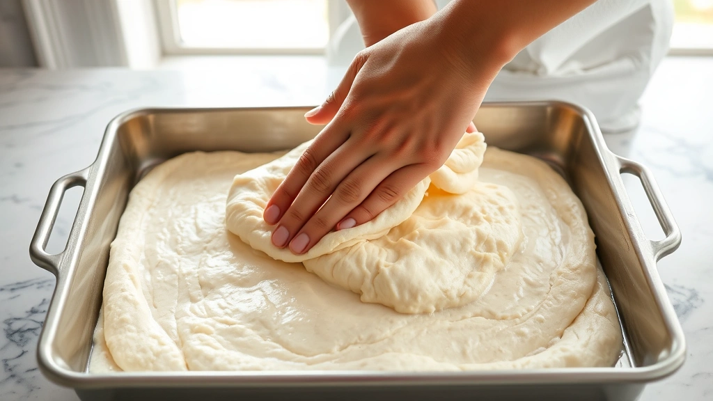 process: hands stretching wet pizza dough in oiled rectangular baking pan, showing technique and hydration, photorealistic, bright natural window light, marble countertop, no text
