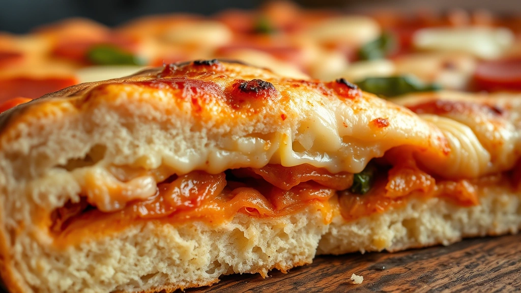 detail: close-up cross-section of Sicilian pizza showing thick puffy crust with air pockets and layers, melted cheese and toppings, photorealistic, warm natural lighting, shallow depth of field, no text