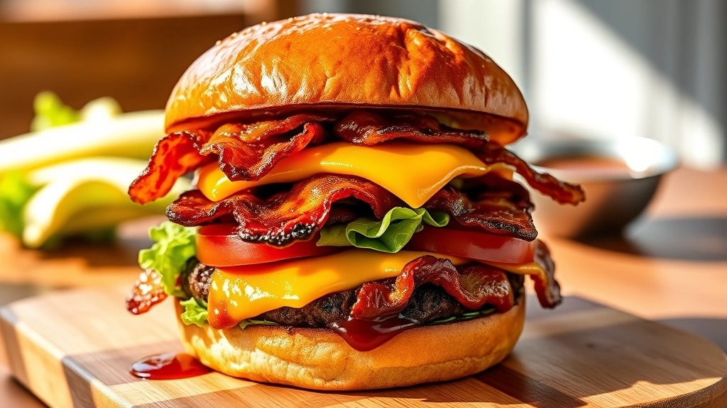hero: a perfectly cooked BBQ burger stacked high with melted cheddar cheese, crispy bacon strips, golden caramelized onions, fresh lettuce and tomato on a toasted bun, sitting on a wooden cutting board in natural sunlight, glistening with BBQ sauce, photorealistic, no text