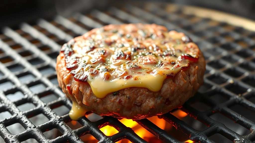 process: a burger patty sizzling on a hot grill grate with char marks forming, flames visible underneath, melted cheese starting to drip, captured in natural daylight from the side, photorealistic, no text