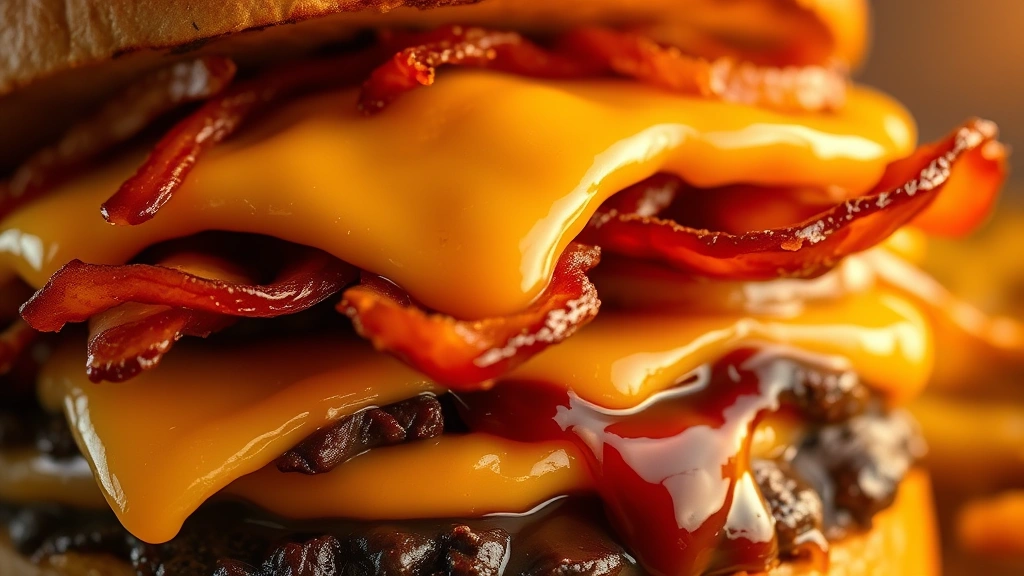 detail: extreme close-up of a layered BBQ burger showing the melted cheese stretching, crispy bacon texture, caramelized onion strands, and glossy BBQ sauce in golden hour lighting, photorealistic, no text