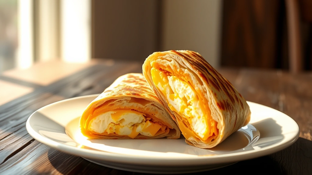 hero: golden-brown breakfast burrito on white plate, cut in half showing layers of eggs and cheese, natural morning light streaming across, rustic wooden table background, no text