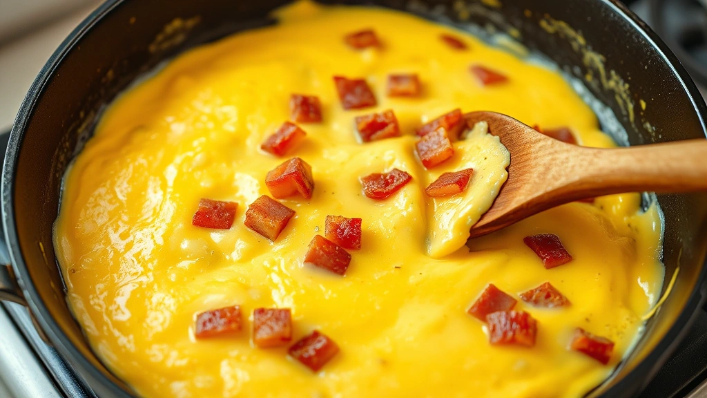 process: scrambled eggs cooking in cast iron skillet with bacon pieces being folded in, steam rising, wooden spoon stirring, bright kitchen lighting, close-up angle, no text