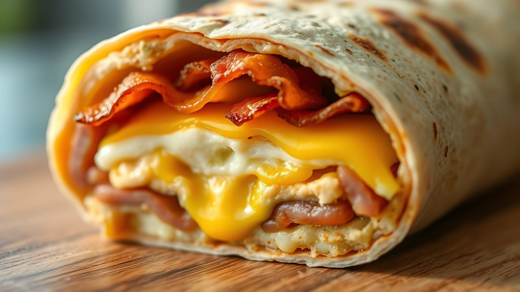 detail: cross-section of fully assembled breakfast burrito showing layers of eggs, bacon, melted cheese, and potatoes, warm afternoon light, shallow depth of field, no text