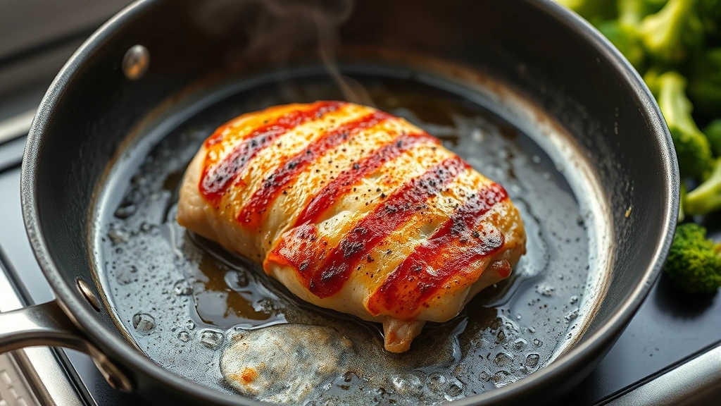 process: chicken breast searing in skillet with golden crust, steam rising, broccoli florets visible nearby, photorealistic, natural light, no text