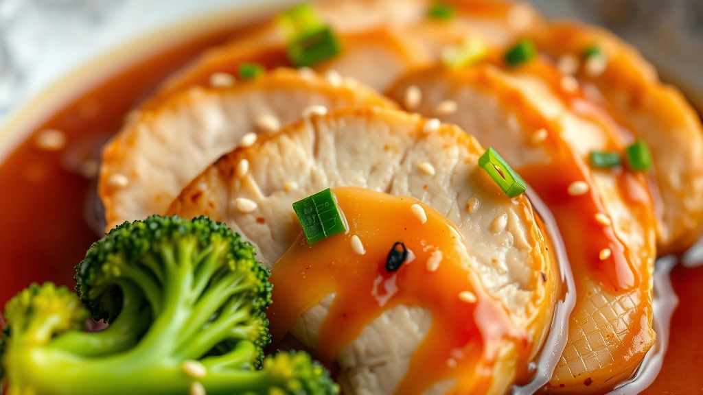 detail: close-up of sliced chicken breast with sauce and broccoli floret, sesame seeds and green onion garnish, shallow depth of field, photorealistic, natural light, no text
