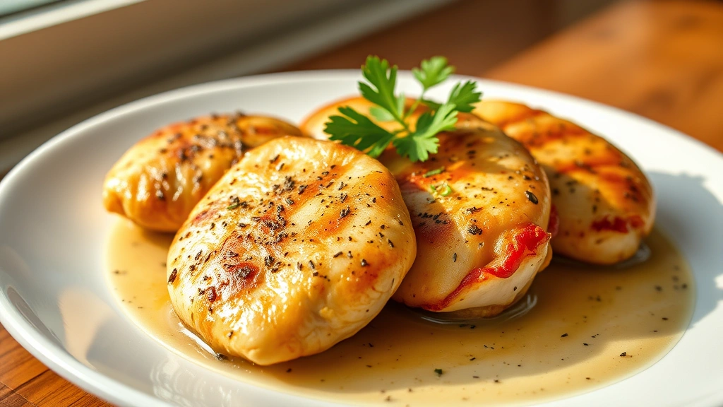 hero: golden-brown chicken tenderloins with fresh parsley garnish on white plate, pan sauce glistening, natural window light, professional food photography