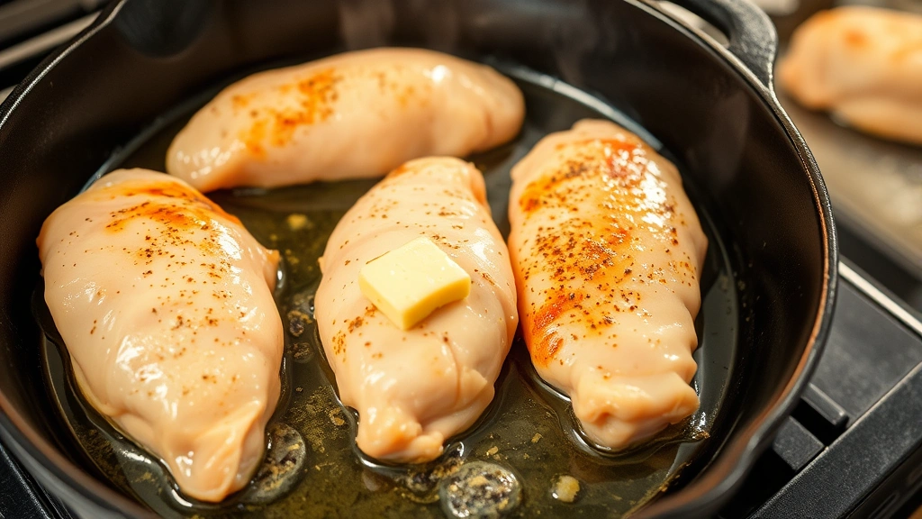 process: chicken tenderloins searing in cast iron skillet with butter and garlic, steam rising, golden crust forming, warm kitchen lighting