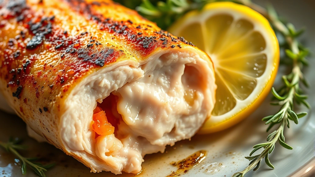 detail: close-up of golden seared chicken tenderloin cross-section showing juicy interior, fresh lemon slice and thyme sprigs nearby, bright natural light