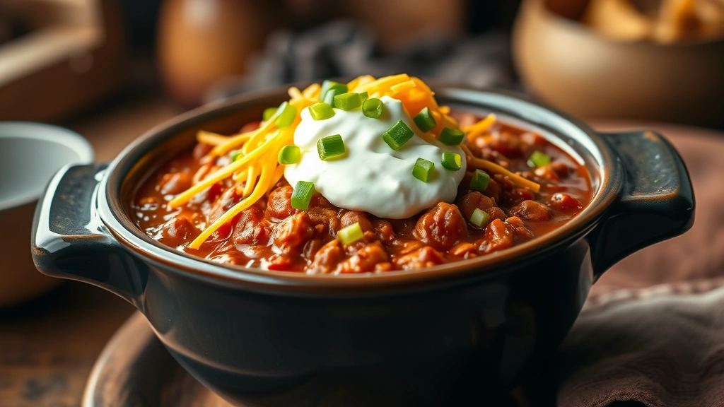 hero: steaming bowl of hearty crock pot chili topped with shredded cheddar cheese, sour cream, and green onions, photorealistic, warm natural lighting, rustic kitchen setting, no text