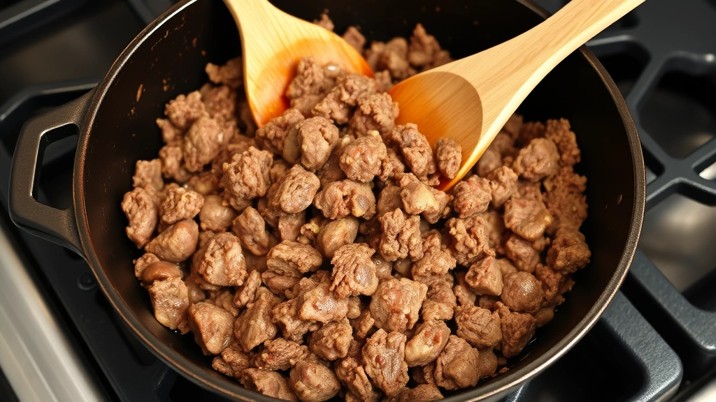 process: browning ground beef in cast iron skillet on stovetop, meat breaking apart with wooden spoon, savory and appetizing, photorealistic, natural daylight, no text