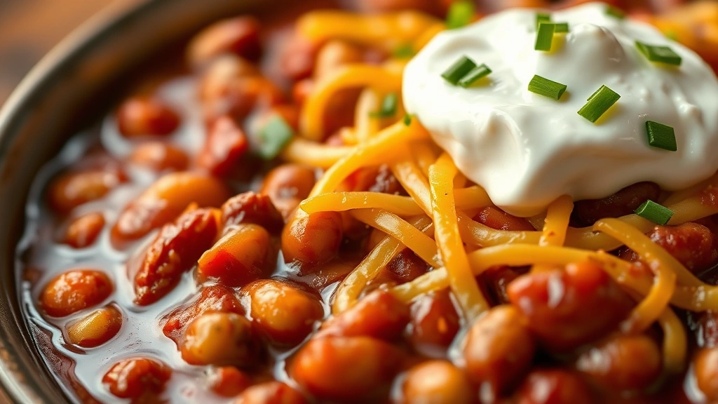 detail: close-up of finished chili showing texture of beans and tomato sauce, melted cheese and sour cream garnish, shallow depth of field, photorealistic, warm lighting, no text