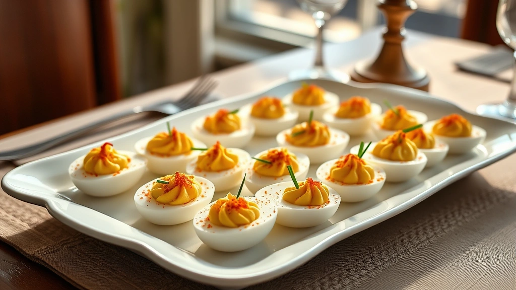 hero: beautifully arranged deviled eggs on a white ceramic platter with paprika garnish and fresh chives, photorealistic, natural sunlight from window, no text, elegant table setting