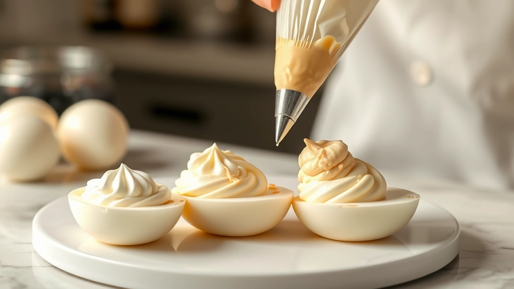 process: hands piping creamy filling into halved egg whites with piping bag, photorealistic, natural kitchen lighting, no text, close action shot