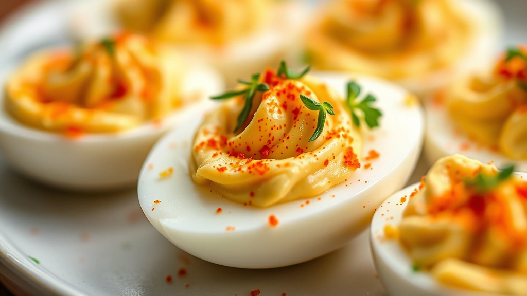 detail: single deviled egg showing creamy filling and paprika garnish with fresh herb garnish, photorealistic, macro photography, natural light, no text, shallow depth of field