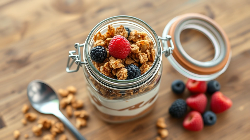 hero: overhead shot of homemade granola in a glass jar with yogurt and fresh berries on wooden table, photorealistic, natural window light, no text