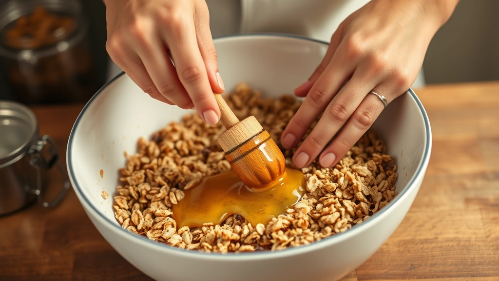 process: hands stirring granola mixture in large bowl with honey and melted coconut oil, photorealistic, warm kitchen lighting, no text