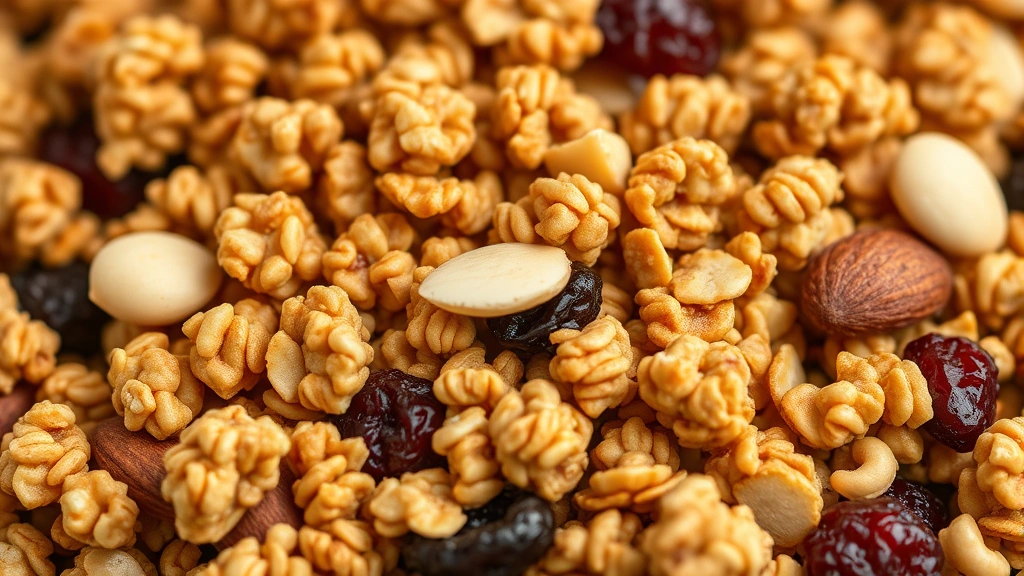 detail: close-up macro shot of golden toasted granola clusters with almonds, cashews, and dried cranberries, photorealistic, natural light, no text