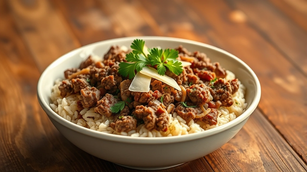 hero: steaming bowl of ground beef and rice garnished with fresh parsley and Parmesan cheese, warm golden lighting, rustic wooden table background, photorealistic, natural light, no text