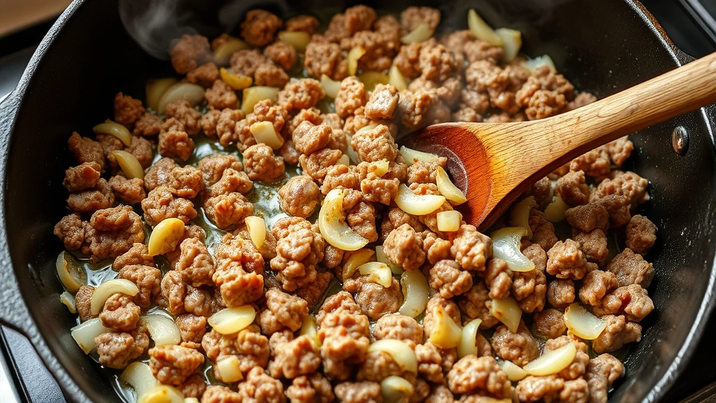 process: browning ground beef in cast iron skillet with onions and garlic, steam rising, wooden spoon stirring, photorealistic, natural light, no text