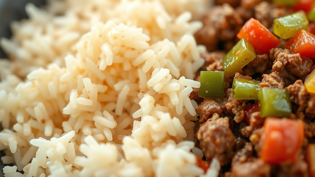detail: close-up of fluffy rice grains mixed with seasoned ground beef and diced peppers, shallow depth of field, photorealistic, natural light, no text