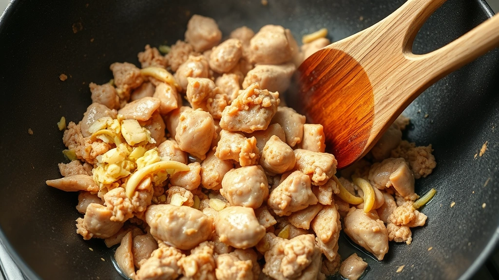 process: ground chicken browning in wok with minced garlic and ginger, wooden spoon breaking apart meat, steam rising, photorealistic, natural light, no text