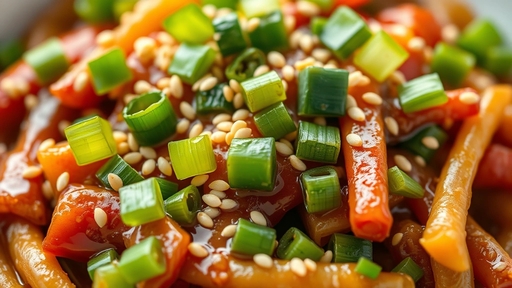 detail: close-up of finished stir-fry topped with green onions and sesame seeds, glossy sauce coating ingredients, photorealistic, natural light, no text