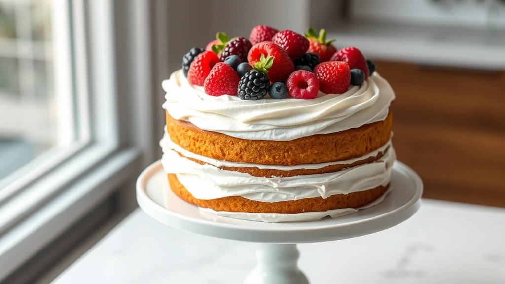 hero: beautifully frosted layer cake with swirled white icing, decorated with fresh berries on top, sitting on a white cake stand, photorealistic, natural window light, no text