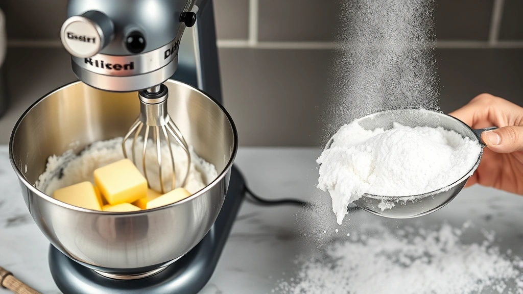 process: electric mixer beating pale fluffy butter in a stainless steel bowl, powdered sugar being sifted nearby, photorealistic, bright kitchen lighting, no text