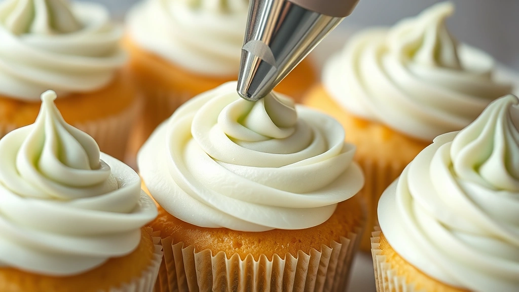detail: close-up of creamy smooth icing texture with a piping bag creating perfect swirls on cupcakes, photorealistic, natural soft lighting, no text