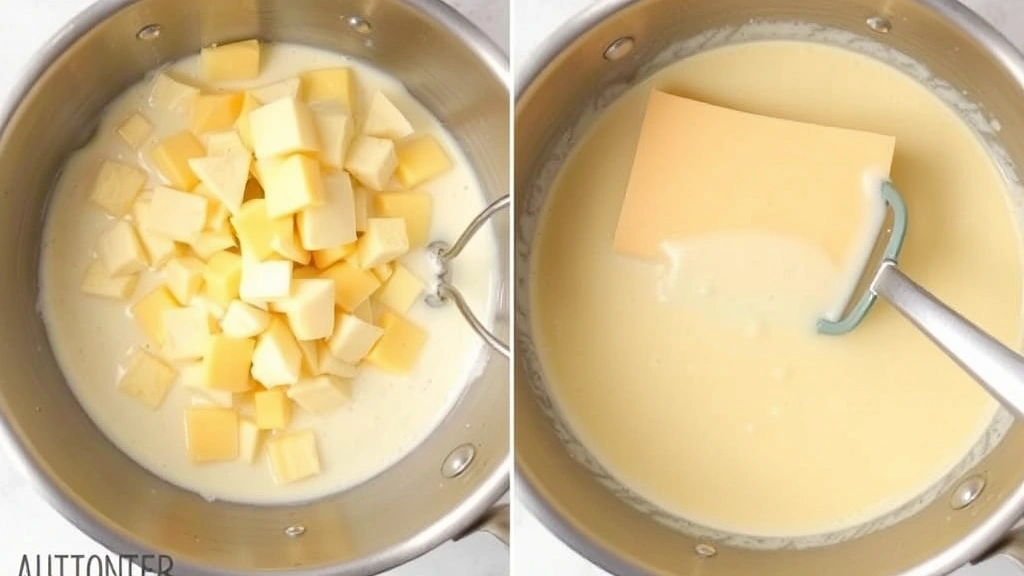 process: melting cheddar and gruyere cheese into warm cream mixture in stainless steel saucepan, cheese sauce bubbling gently, creamy texture, natural kitchen light, overhead angle showing texture detail, no text