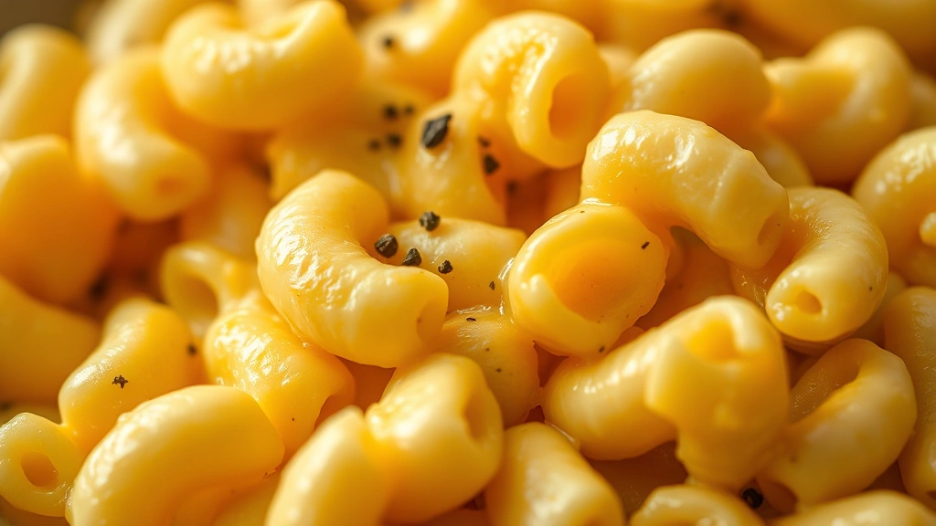 detail: close-up of mac and cheese showing individual elbow pasta coated in rich golden cheese sauce, fresh cracked black pepper visible, creamy texture, warm natural lighting, shallow depth of field, no text