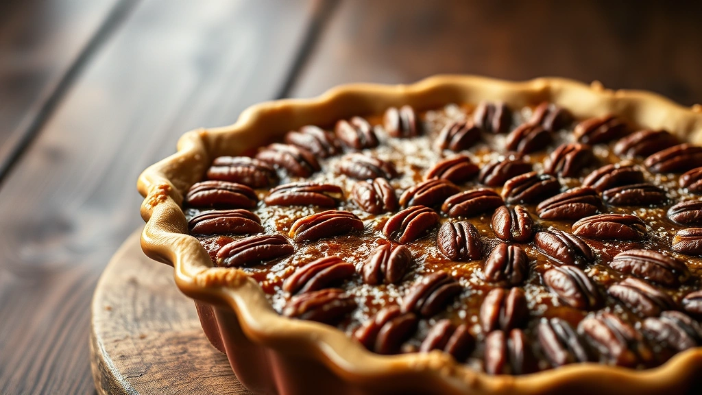 hero: golden brown pecan pie in ceramic pie dish, fresh from oven, warm lighting, close-up angled shot showing pecans and filling, rustic wooden table background