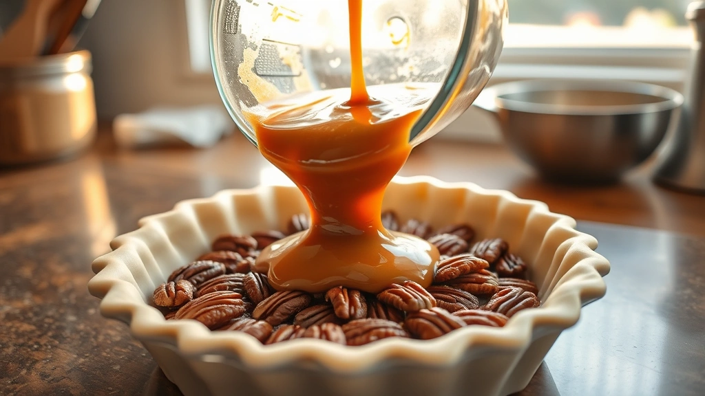 process: pouring caramel-colored filling over pecans in unbaked pie crust, golden hour natural light through kitchen window, shallow depth of field