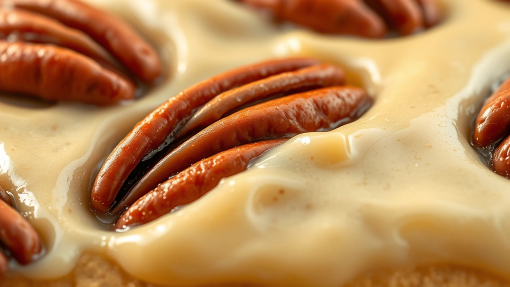 detail: close-up macro shot of individual pecans embedded in creamy filling, showing glossy surface and pecans, warm natural lighting, extreme close-up