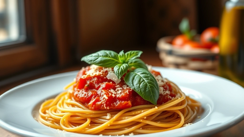 hero: perfectly cooked spaghetti with vibrant red tomato sauce, fresh basil leaf garnish, parmesan cheese, glistening olive oil, rustic Italian style, natural window light, shallow depth of field, appetizing food photography